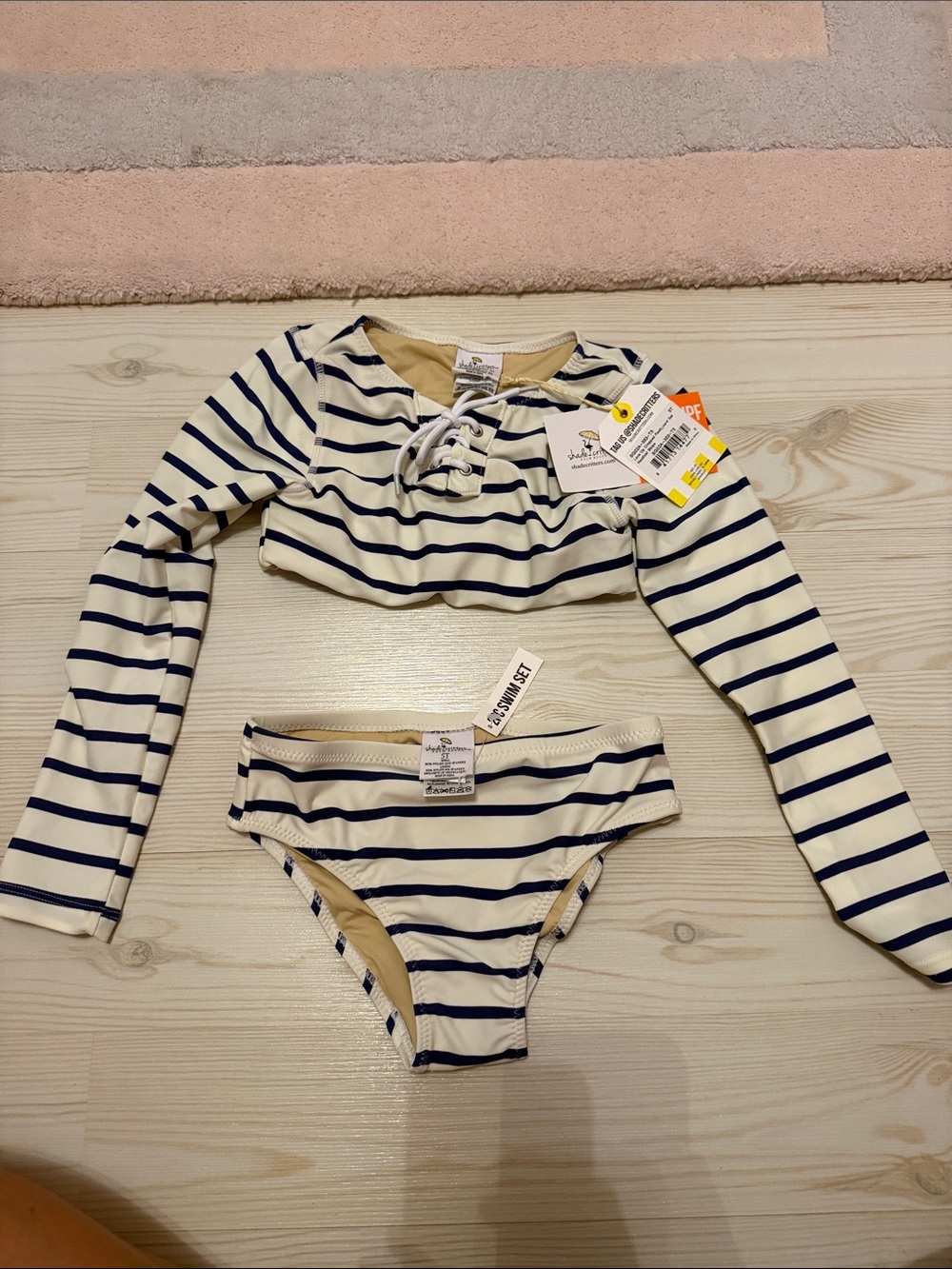 Girls Cream and Navy Striped Long-Sleeve Bikini Set